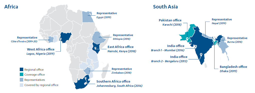 CDC planned overseas presence and coverage 2018-2021 mapped for Africa and South Asia