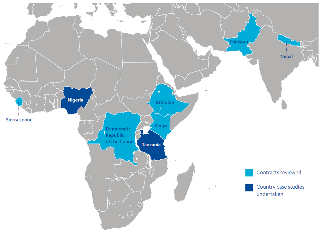 Map showing country case studies; Nigeria, Tanzania and countries where we reviewed contracts: Sierra Leone, DRC, Kenya, Ethiopia, Pakistan and Nepal.
