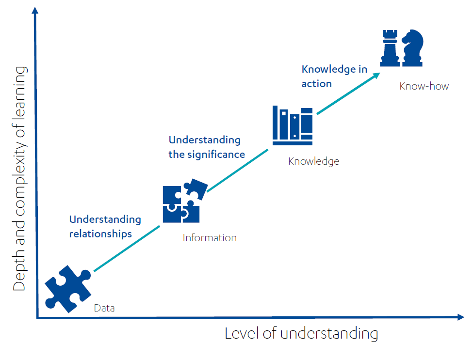 Line graph showing different aspects of learning: data, information, knowledge, know-how.