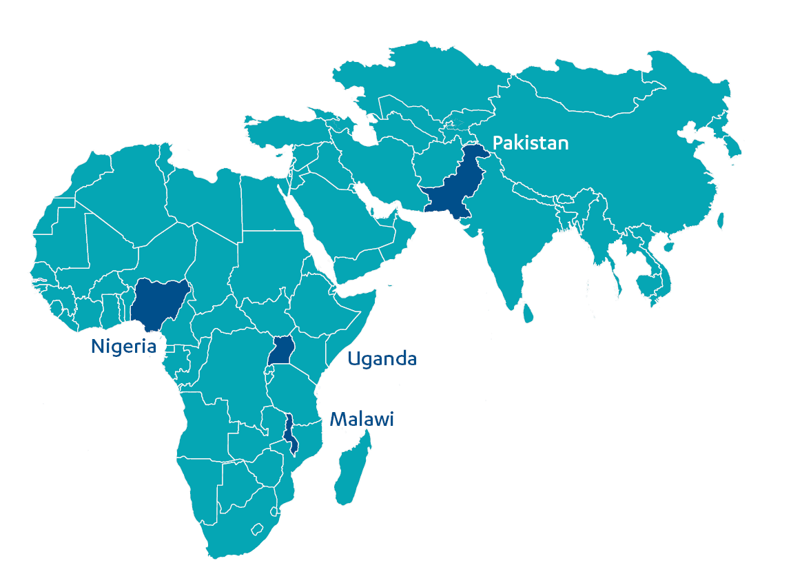 Map showing country case studies: Nigeria, Malawi, Uganda and Pakistan