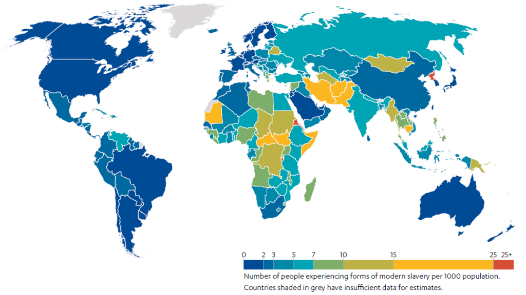 World map showing prevalence of modern slavery