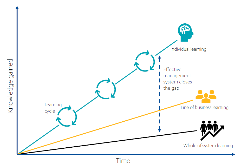 Line graph showing that individual, business and organisational learning increases as time continues and knowledge in gained.