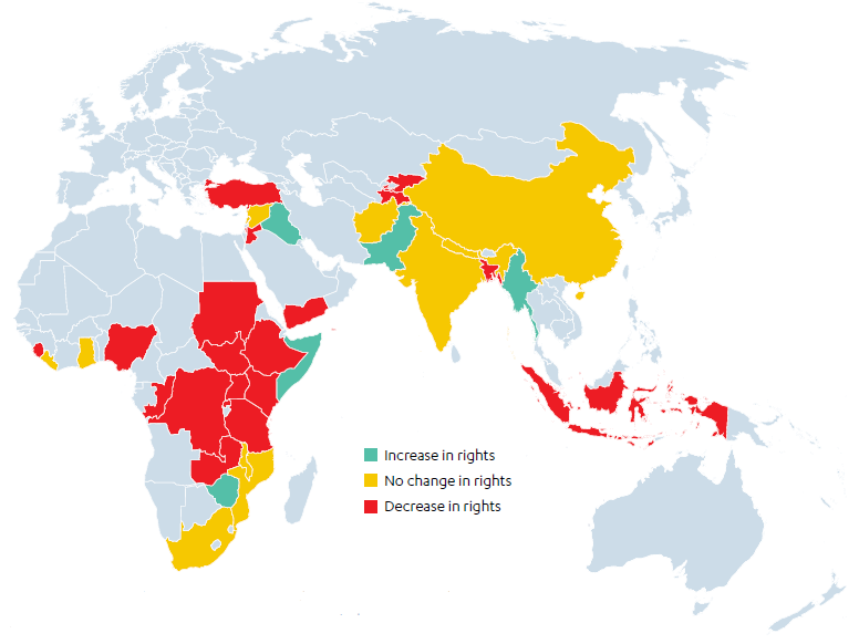 Maps to show Changes in associational and organisational rights in DFID’s priority countries and ‘development partnership’ countries between 2008 and 2018