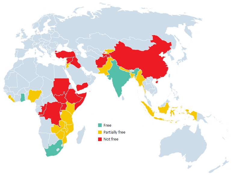 Map to show Freedom Rating of DFID priority countries and ‘development partnership’ countries in 2019
