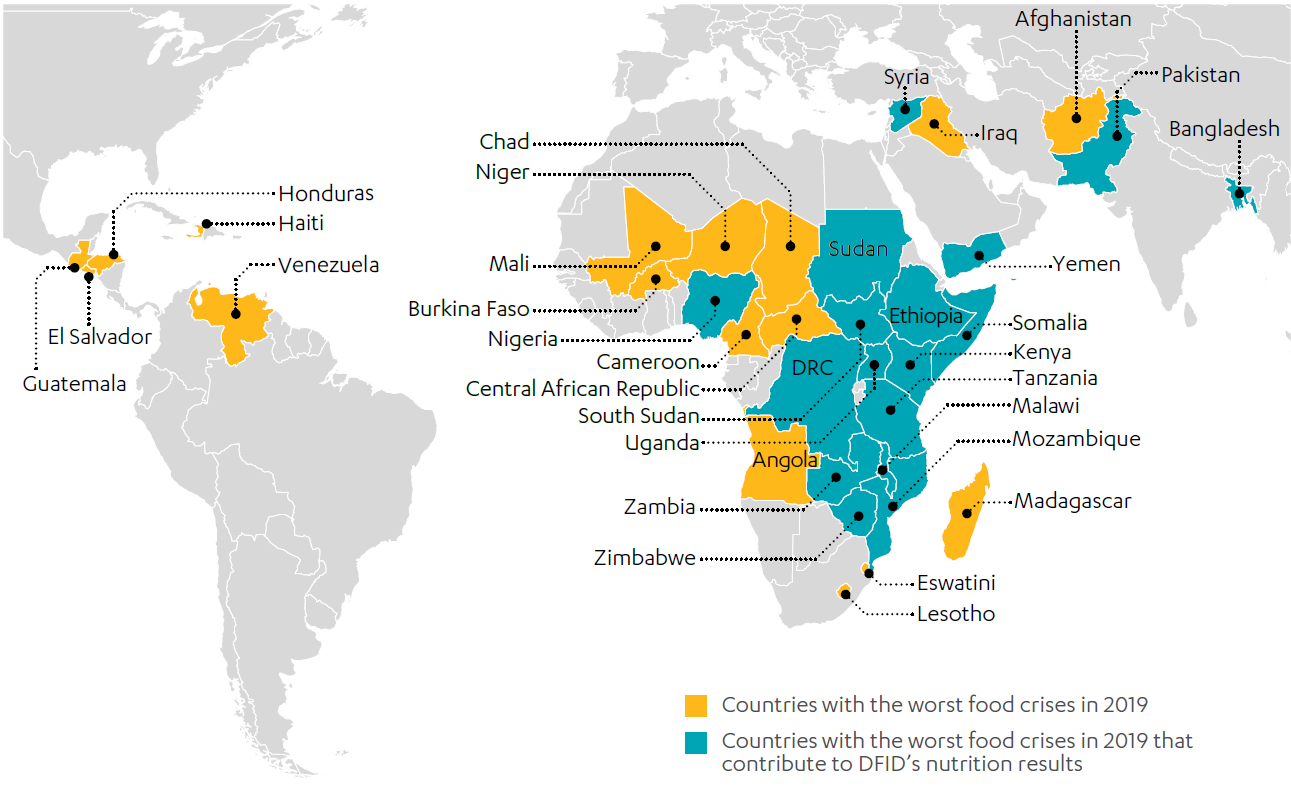 Map showing countries with the worst food crises and their contribution to DFID’s nutrition results (2019)