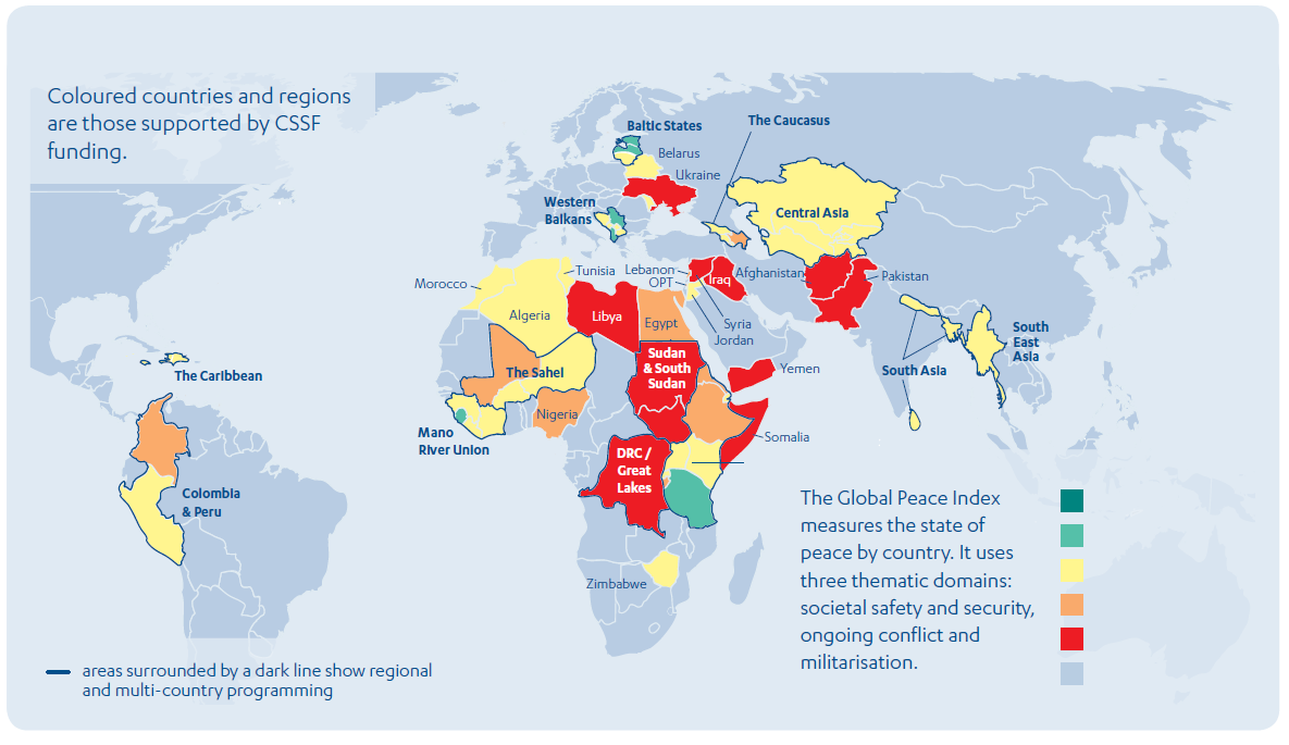 World map showing countries that receive CSSF funding and their level of 'peace' according to the Global Peace Index.