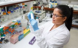 Scientist in a laboratory looking at a sample. 