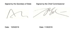 Signatures of Signed by the Secretary of State Signed by the Chief Commissioner