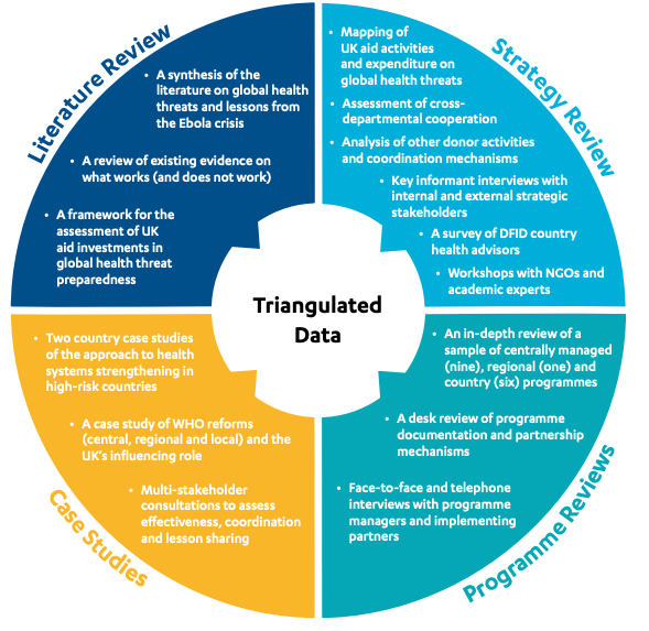 Our methodology approach showing four components: Literature Review, Strategy Review, Programme Reviews, and Case Studies, all contributing to triangulated data