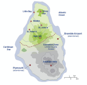 Figure 1: Map of Montserrat showing the extent of the
exclusion zone in operation