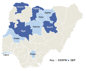 [Figure showing a map of Nigerian states with ESSPIN and GEP states highlighted]