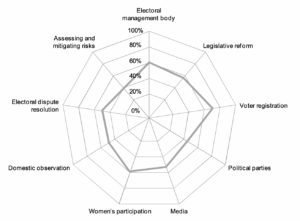 [Radar chart showing UNDP's technical capacity ratings across different aspects including: Electoral management body, Assessing and mitigating risks, Legislative reform, Electoral dispute resolution, Voter registration, Domestic observation, Political parties, Women's participation, and Media]