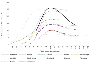 Chart 4: Estimated HIV adult prevalence by country in Eastern and Southern Africa 1990-2008