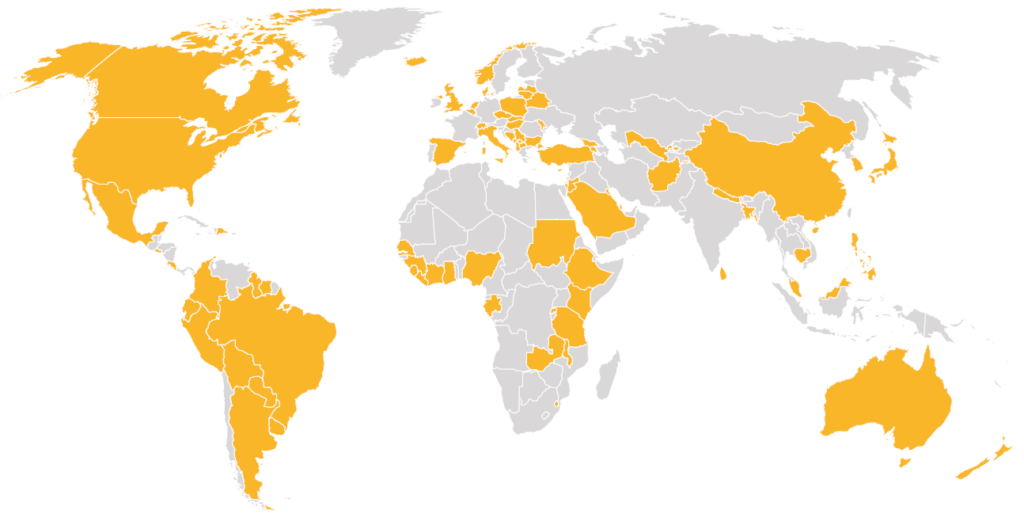 World map showing the countries that signed up to the Call to Action in yellow.